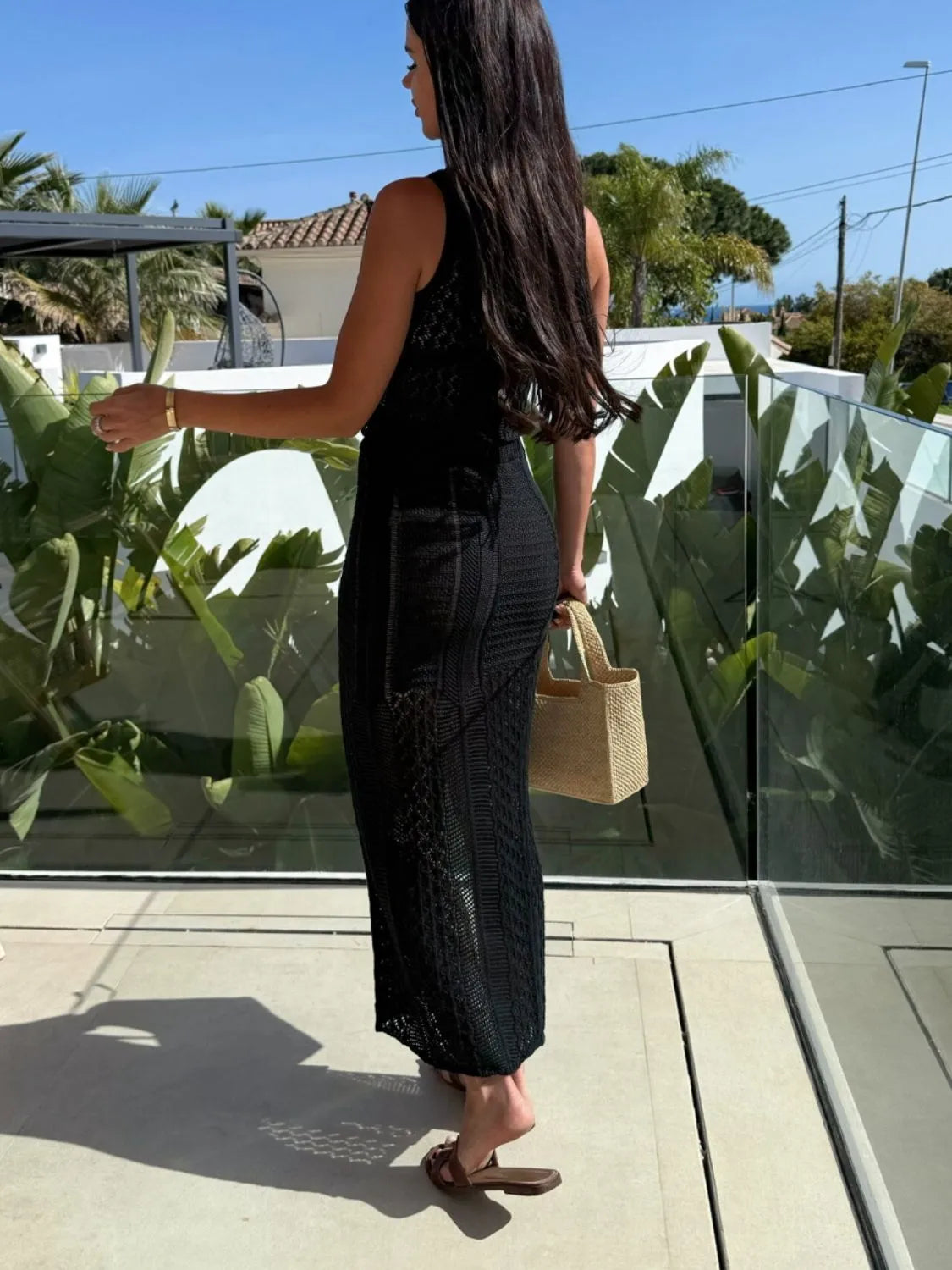 Openwork Round Neck Top and Slit Skirt Sweater Set Easy Apparels