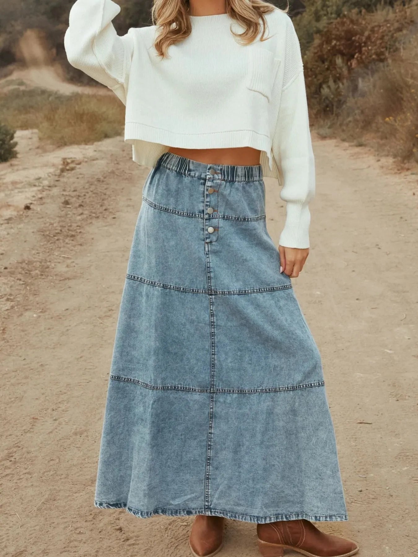 Button-Front Tiered Maxi Denim Skirt Easy Apparels
