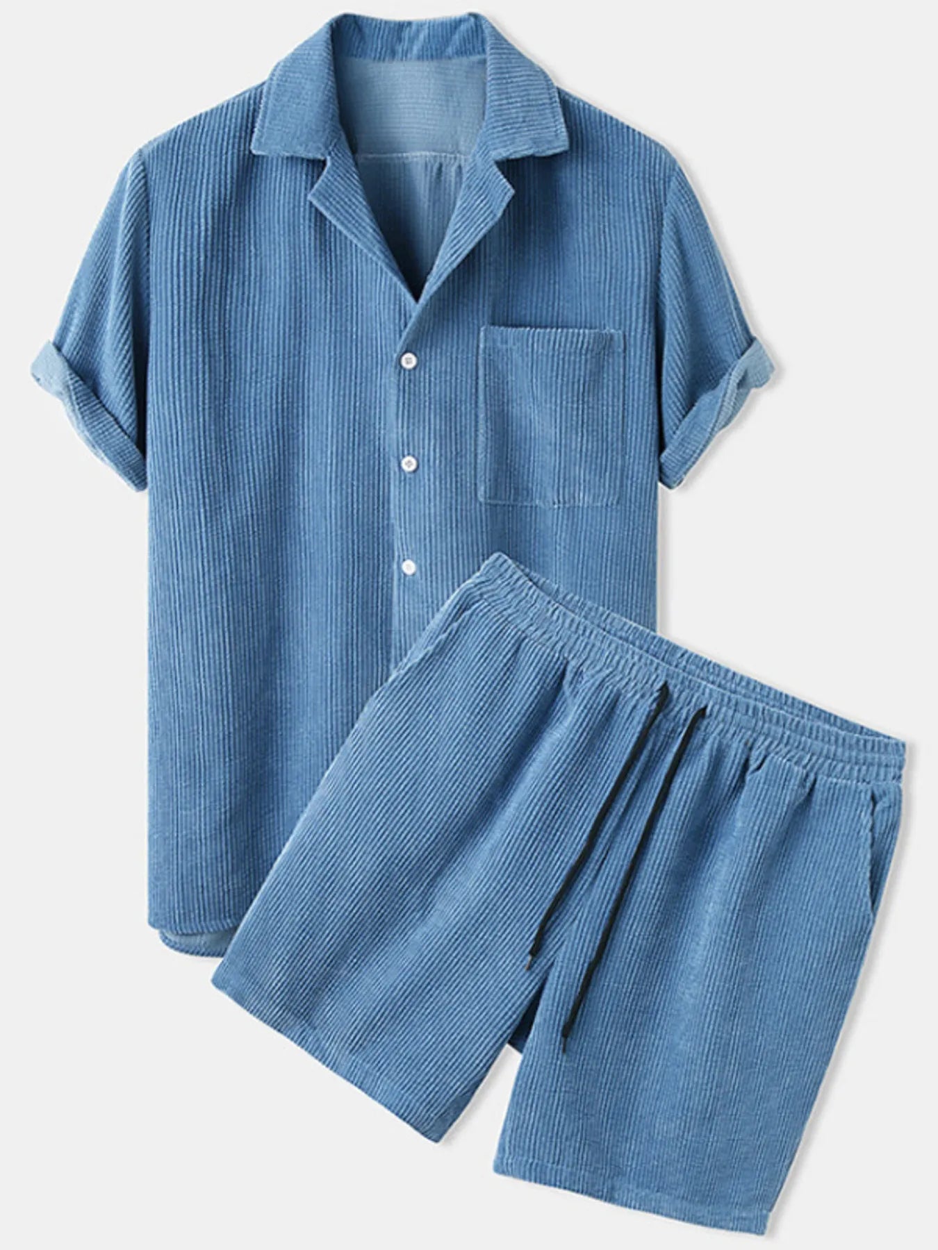 Men's Full Size Classic Textured Top and Shorts Set Plus Size Blue Easy Apparels
