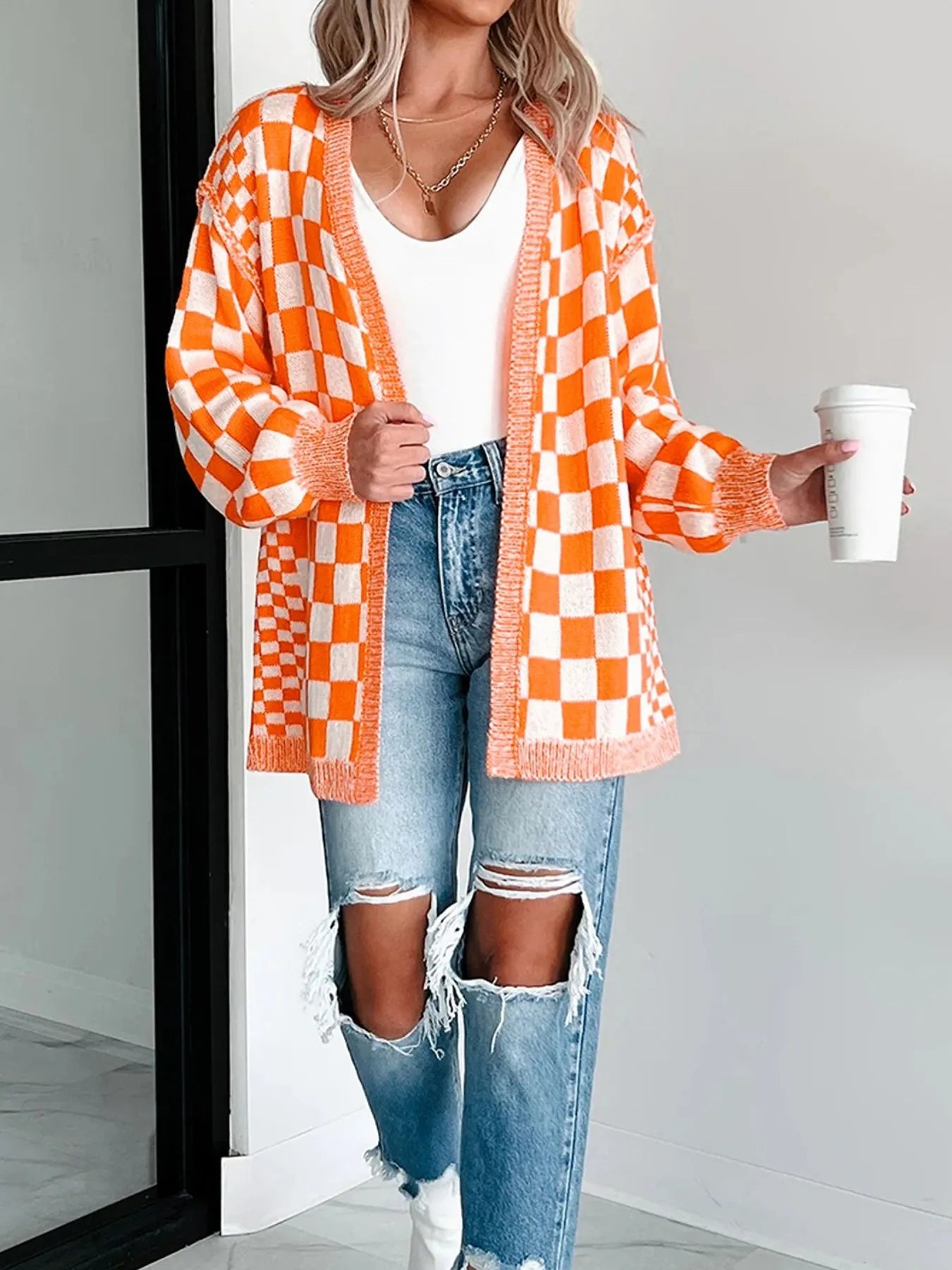 Checkered Pattern Open Front Cardigan Easy Apparels