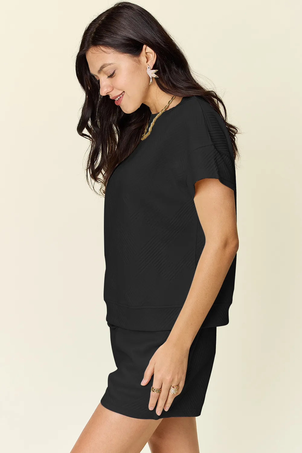 Double Take Full Size Texture Short Sleeve T-Shirt and Drawstring Shorts Set Easy Apparels