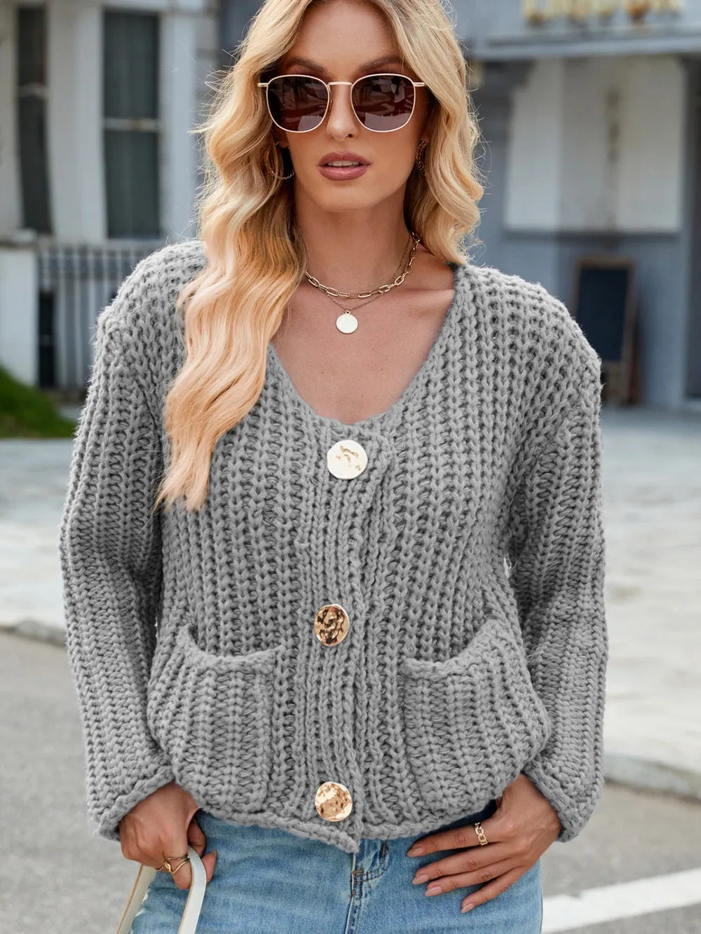 Round Neck Button Up Cardigan with Pockets Gray Easy Apparels
