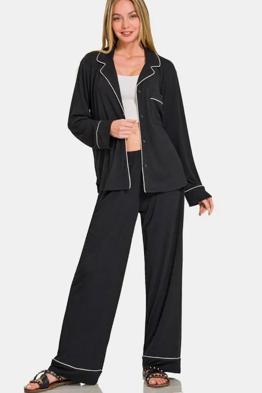 Zenana Button Down Long Sleeve Top and Pants Lounge Set Black Easy Apparels