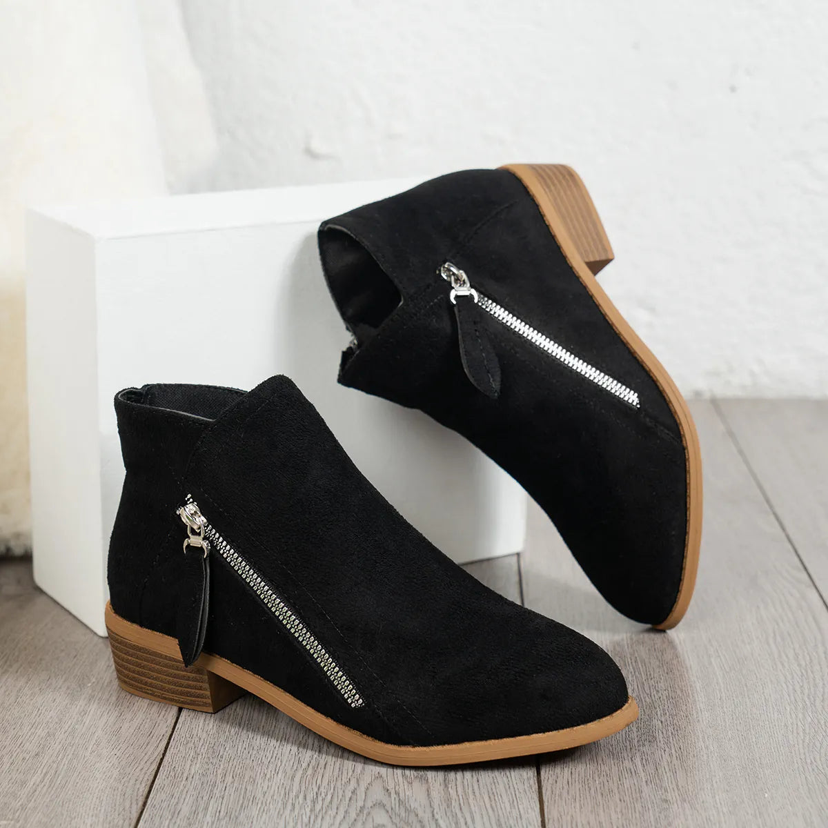 Side Zip Ankle Boots with Block Heel Black Easy Apparels
