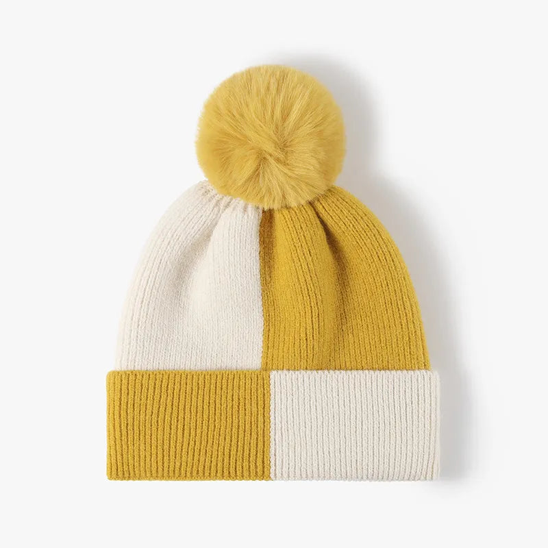 Color Block Knit Hat with Pom-pom Yellow One Size Easy Apparels