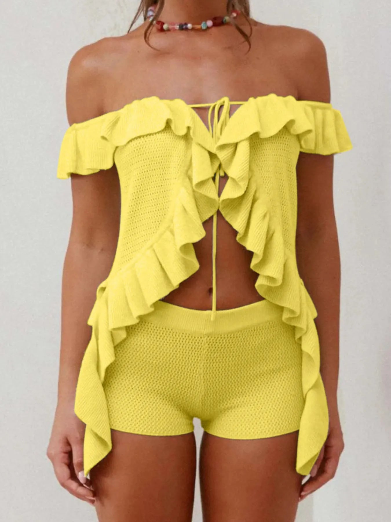 Off-Shoulder Ruffle Top and Shorts Sweater Set Easy Apparels