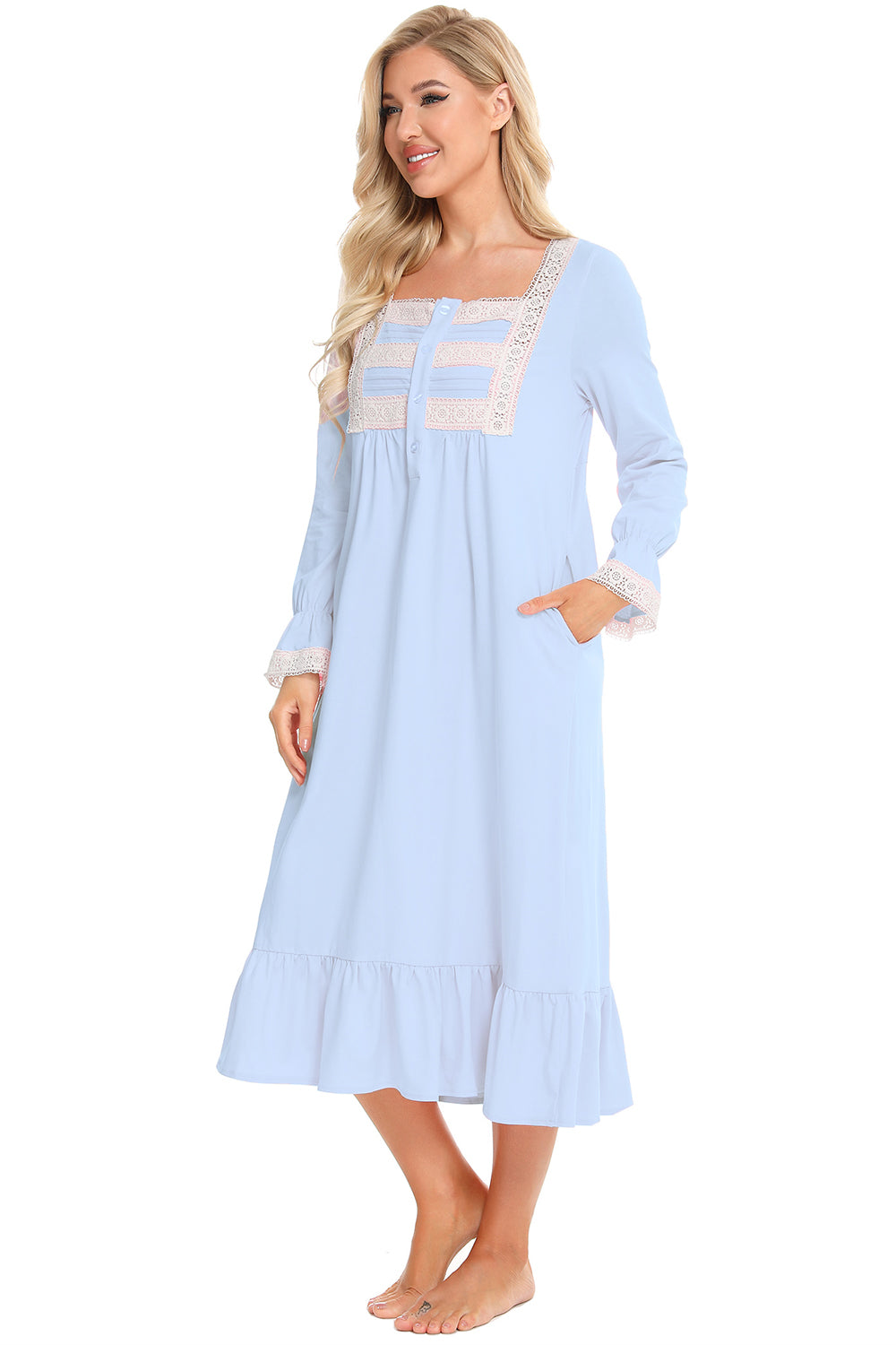 Lace Detail Square Neck Flounce Sleeve Night Dress Easy Apparels