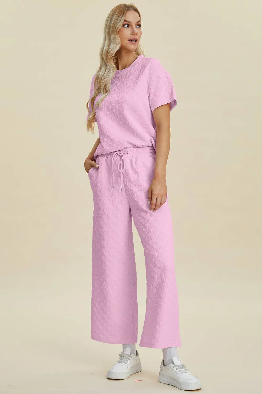 Double Take Full Size Texture Round Neck Short Sleeve Top and Pants Set Easy Apparels