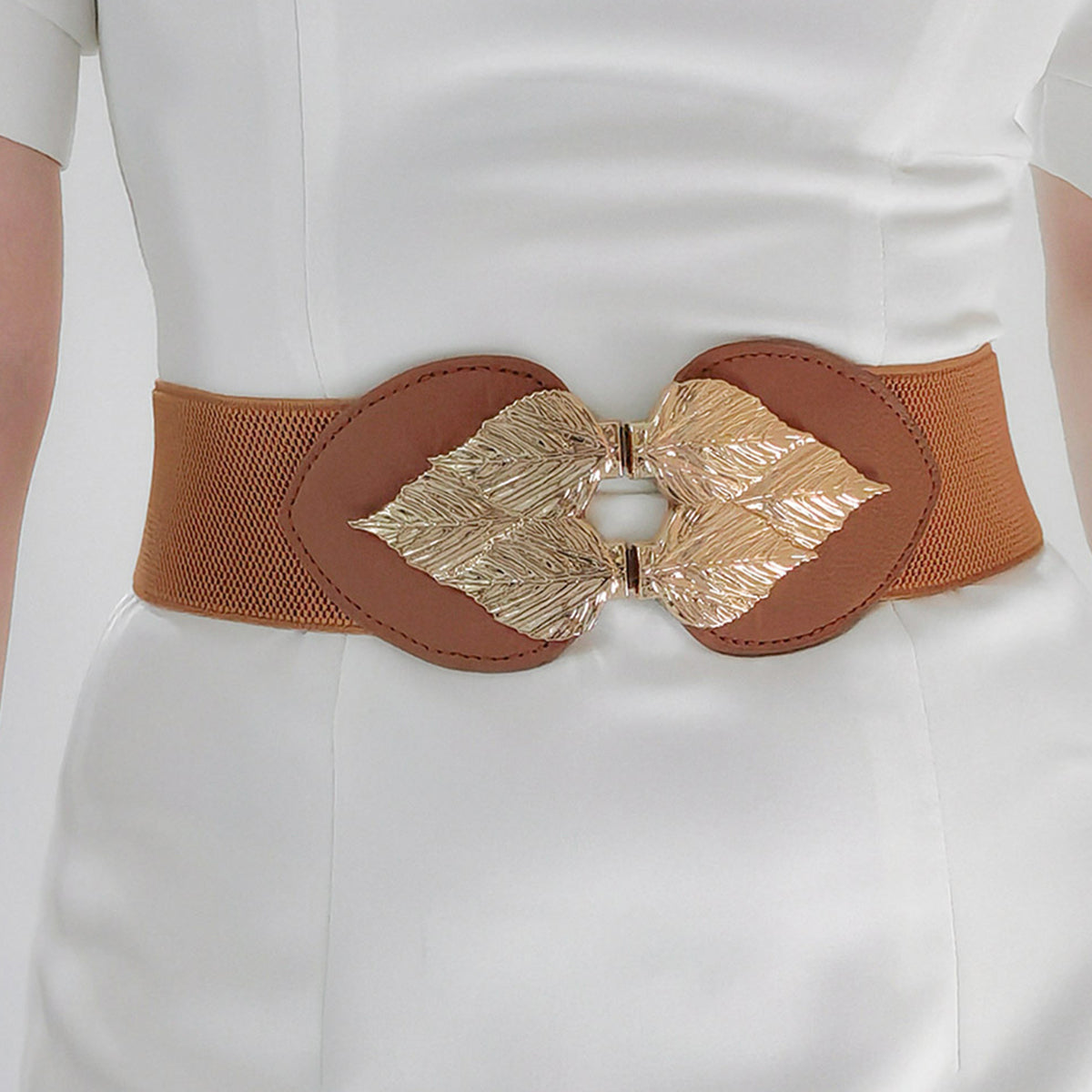 Alloy Leaf Buckle Elastic Belt Caramel One Size Easy Apparels