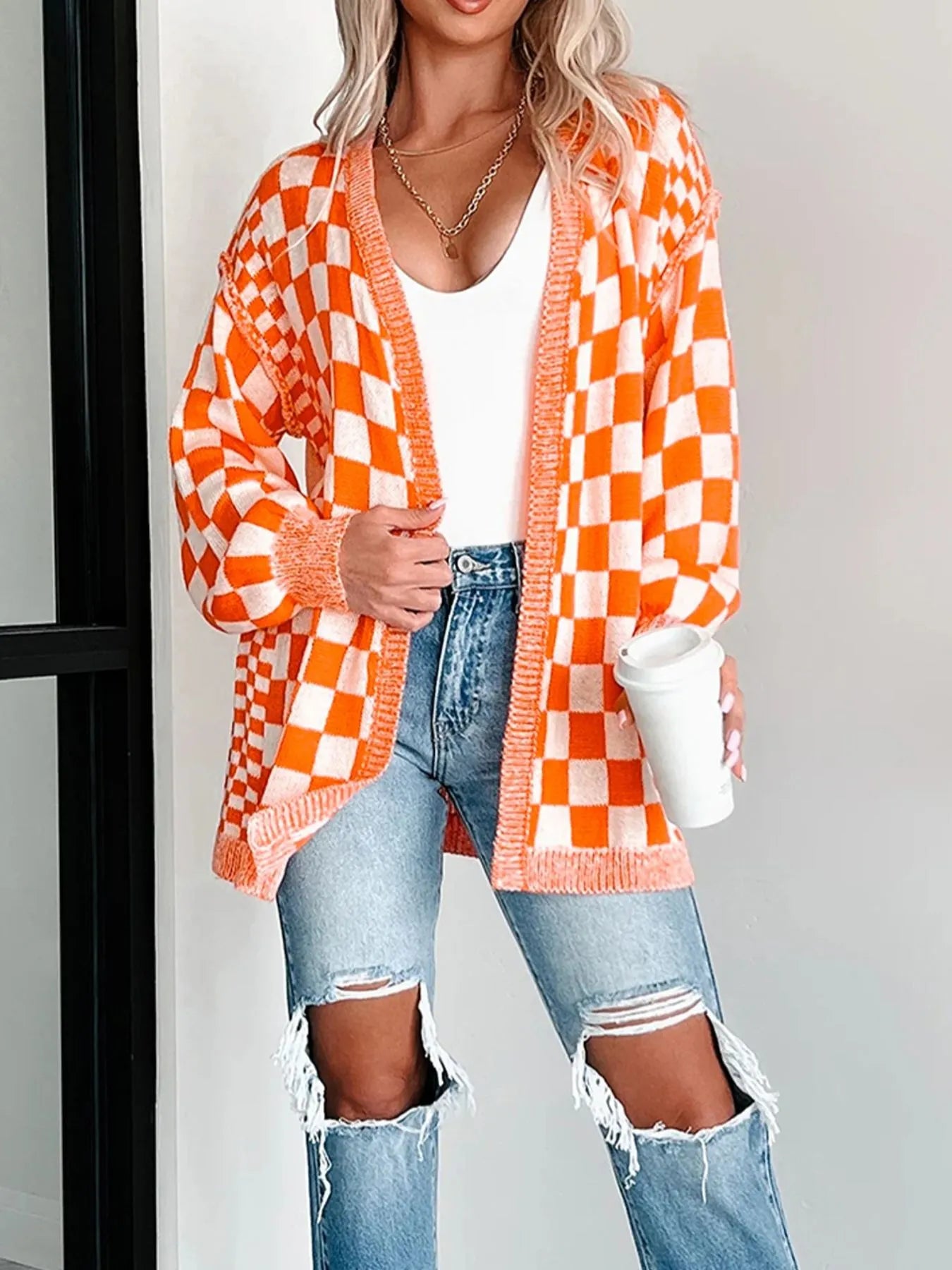Checkered Pattern Open Front Cardigan Easy Apparels