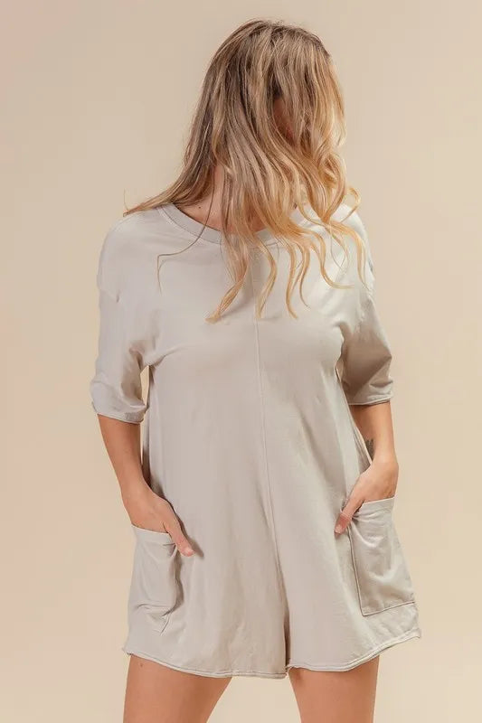 BiBi Short Sleeve Back Open Washed Romper Easy Apparels