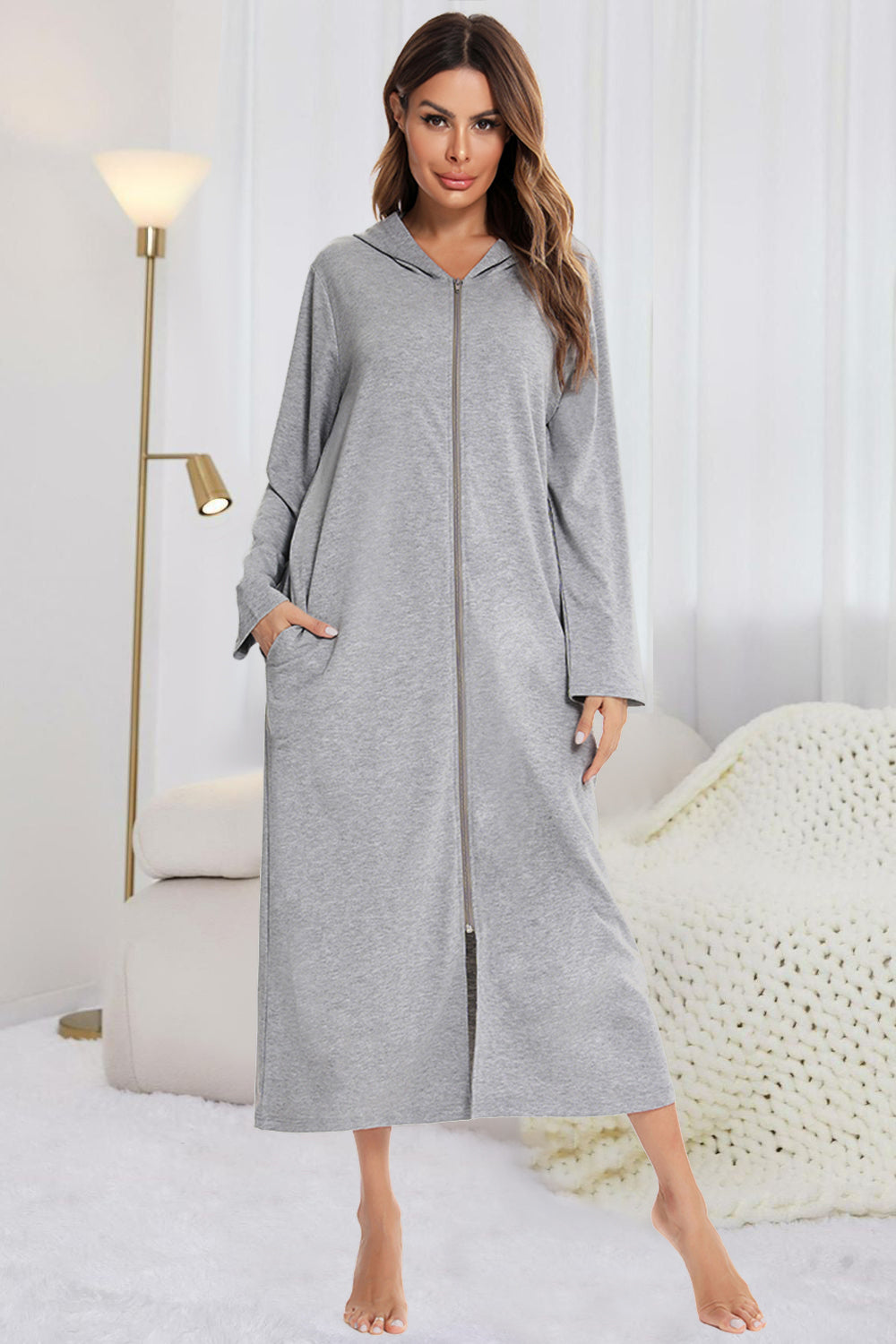 Zip Front Hooded Night Dress with Pockets Light Gray Easy Apparels