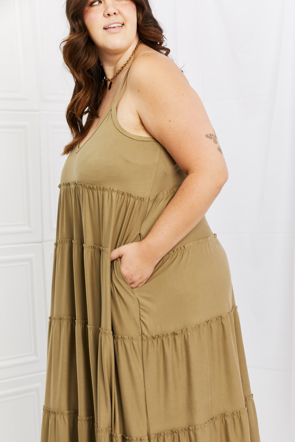 Zenana Full Size Spaghetti Strap Tiered Dress with Pockets in Khaki Easy Apparels