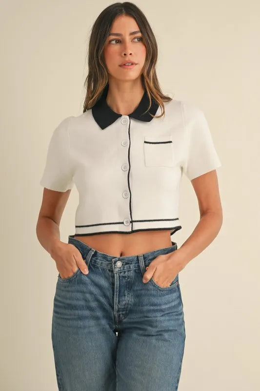 MABLE Button Down Contrast Collared Knit Cardigan Easy Apparels