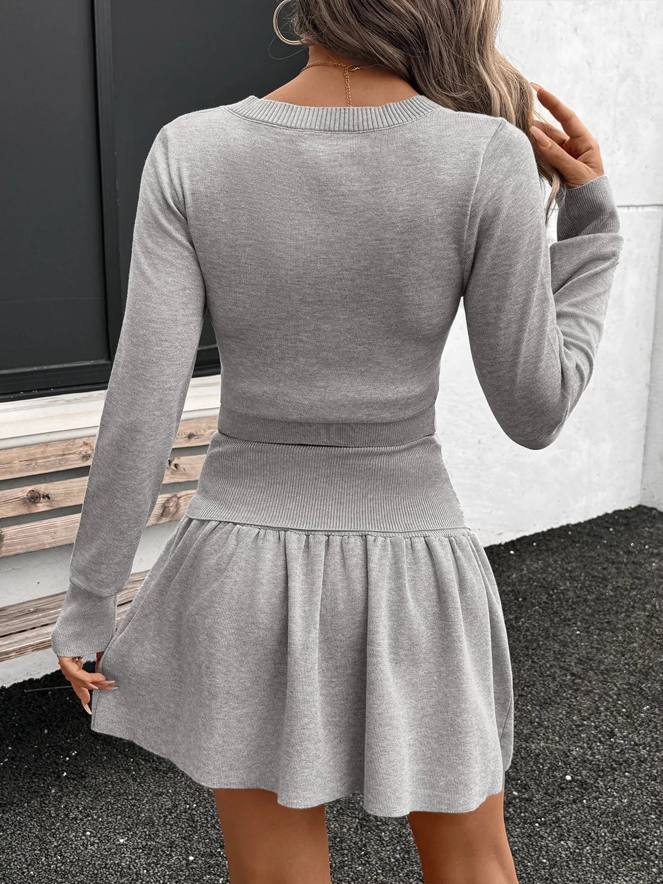 Ribbed Long Sleeve Top and Skirt Knit Set Easy Apparels