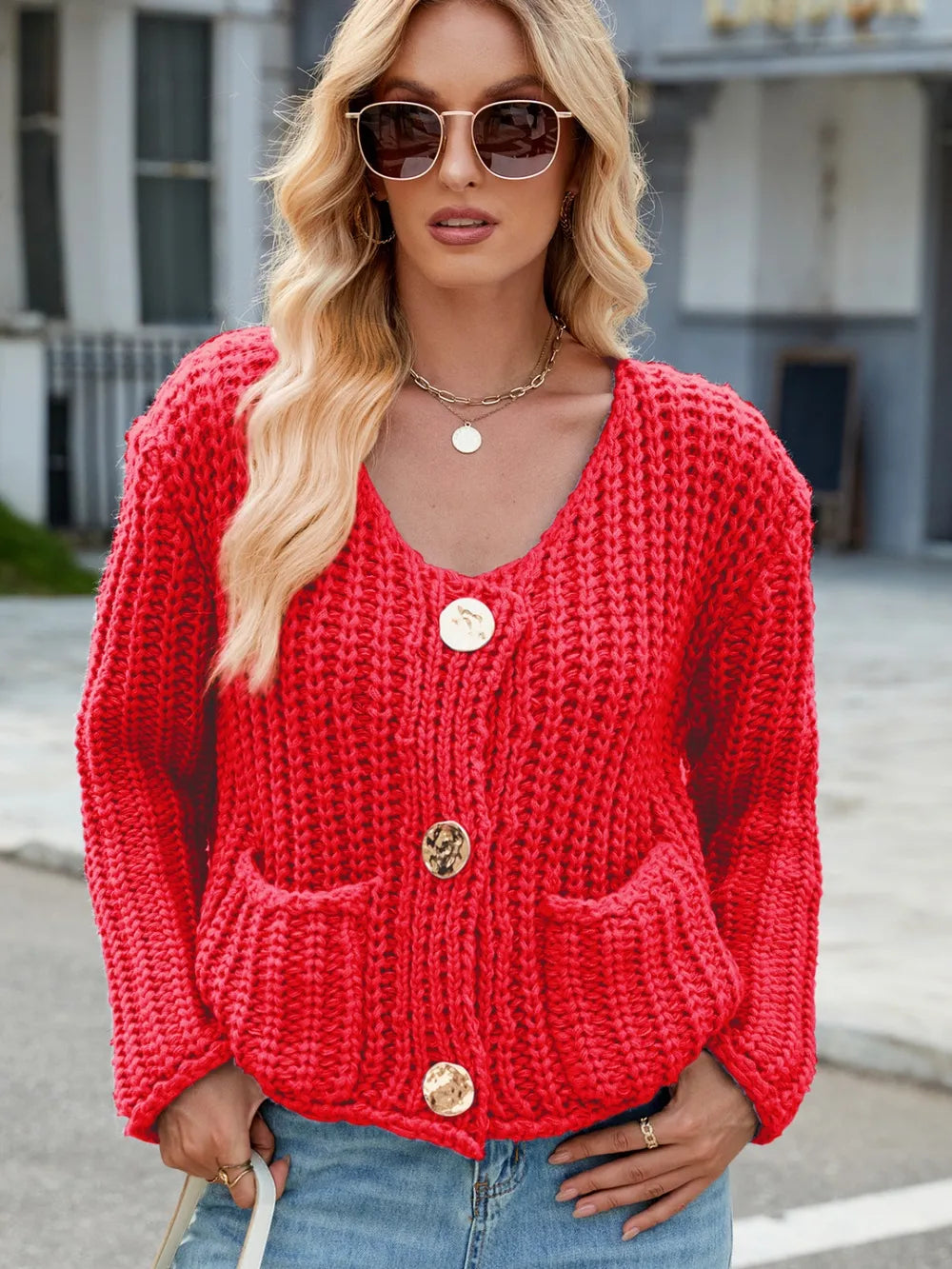 Round Neck Button Up Cardigan with Pockets Easy Apparels
