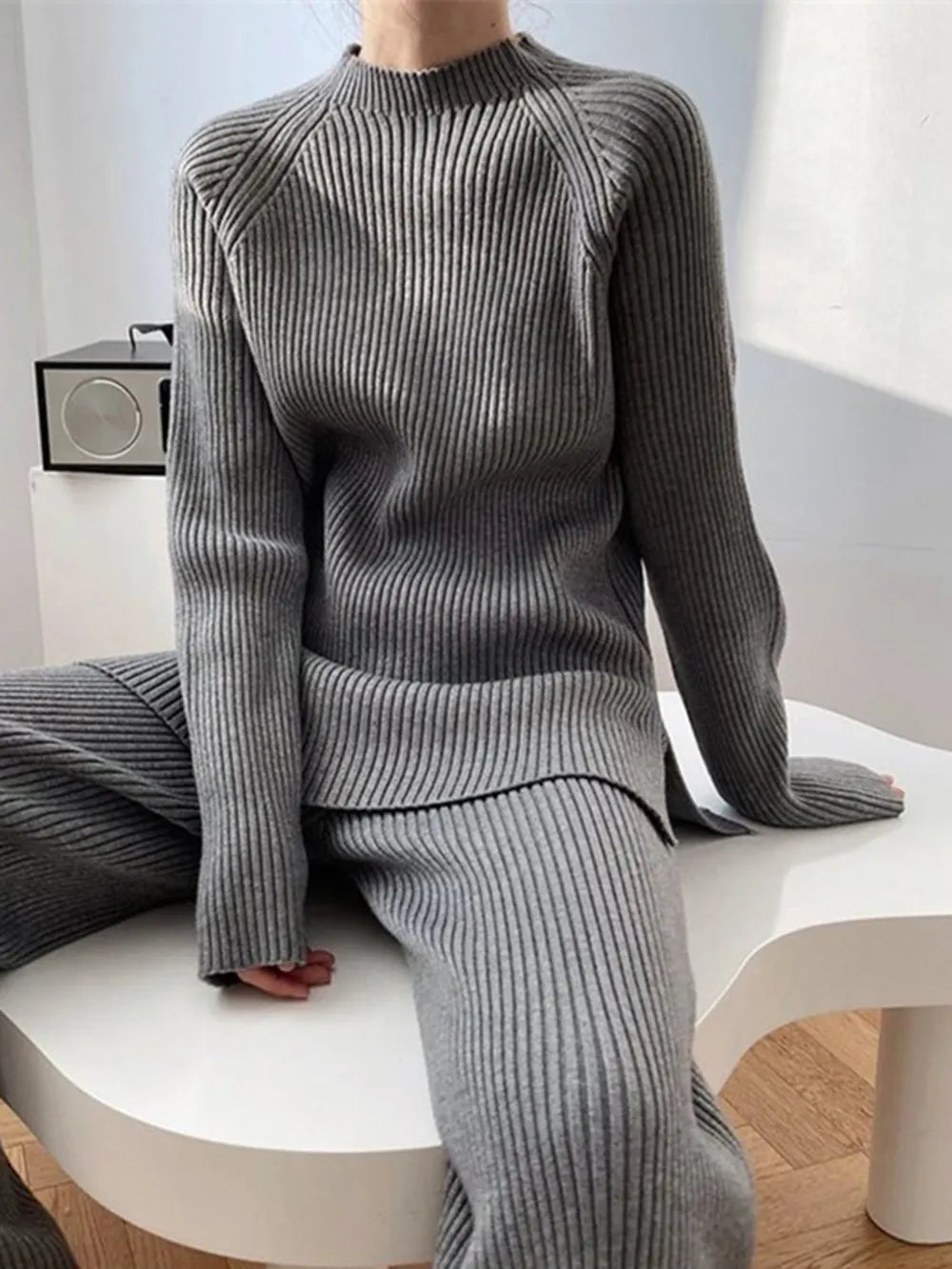 Mock Neck Raglan Sleeve Top and Pants Sweater Set Easy Apparels