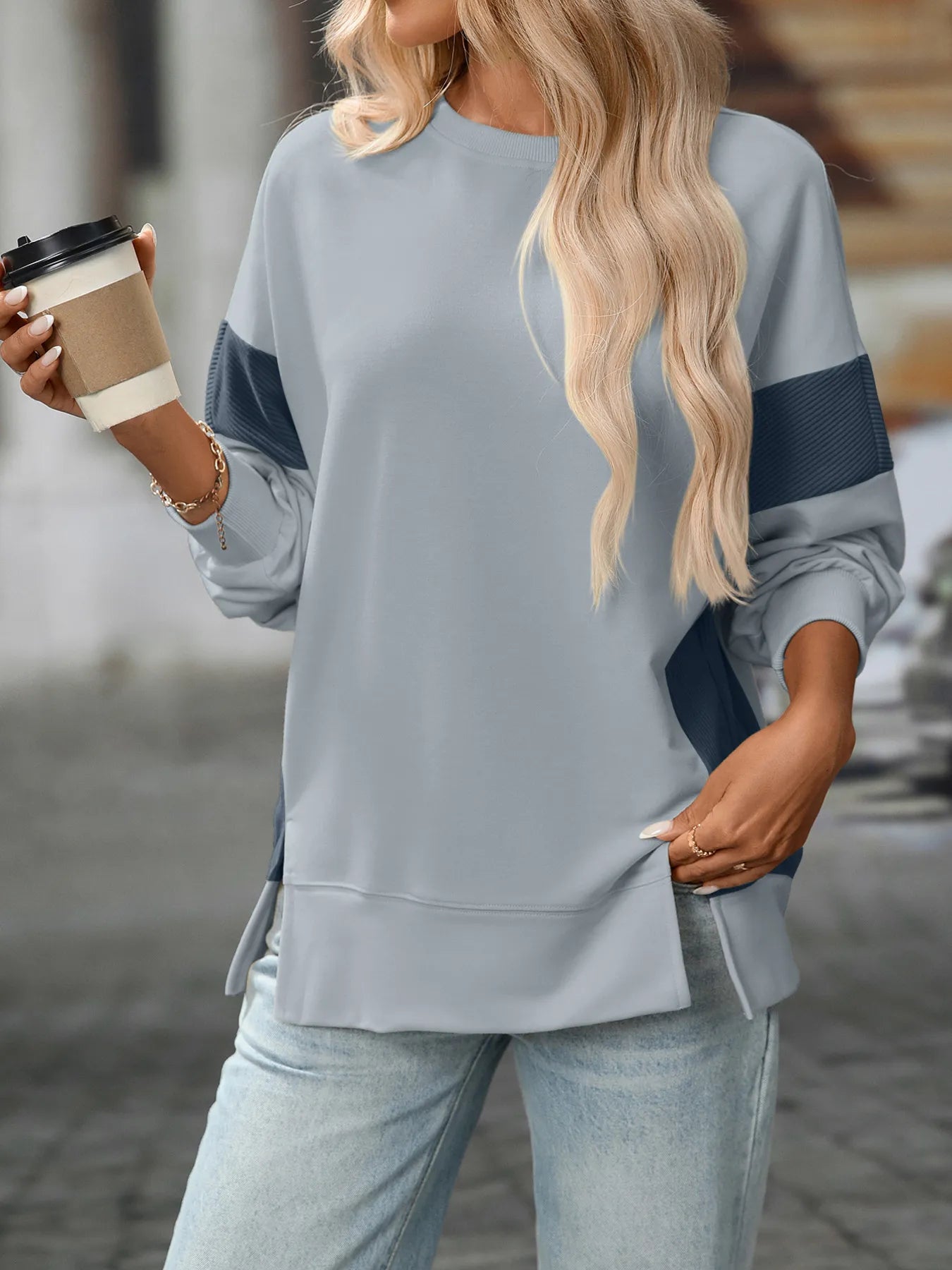 Trendsi Slit Round Neck Long Sleeve Sweatshirt