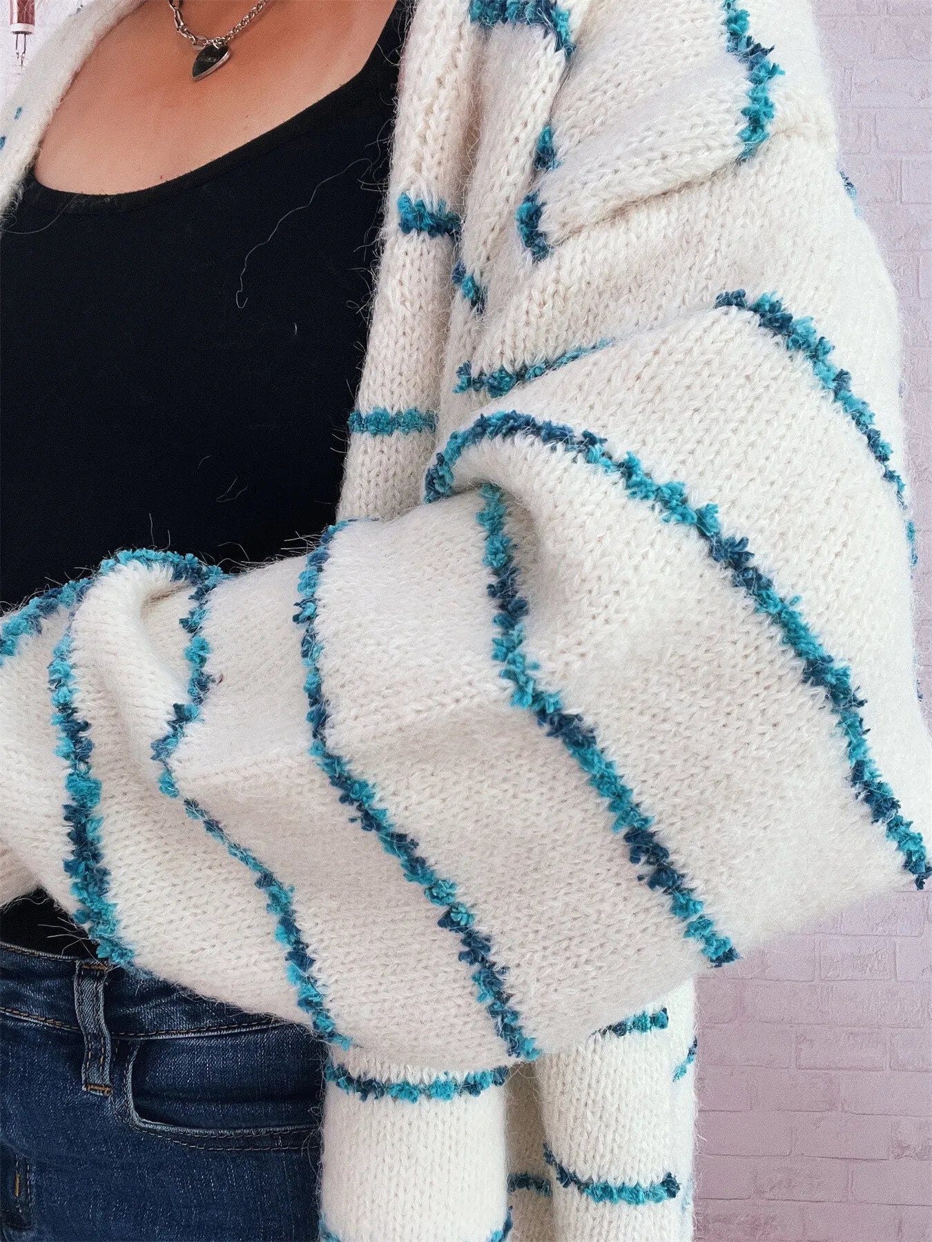 Striped Button-Up Cardigan with V-Neck Design Easy Apparels