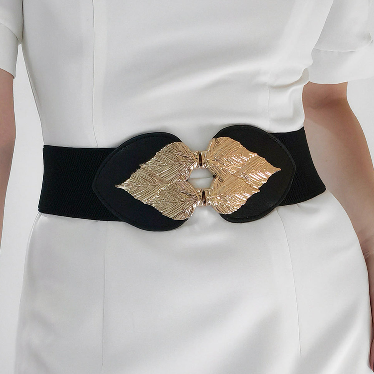 Alloy Leaf Buckle Elastic Belt Black One Size Easy Apparels