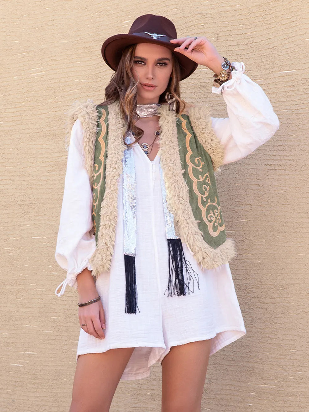Fuzzy Trim Open Front Vest Coat Easy Apparels