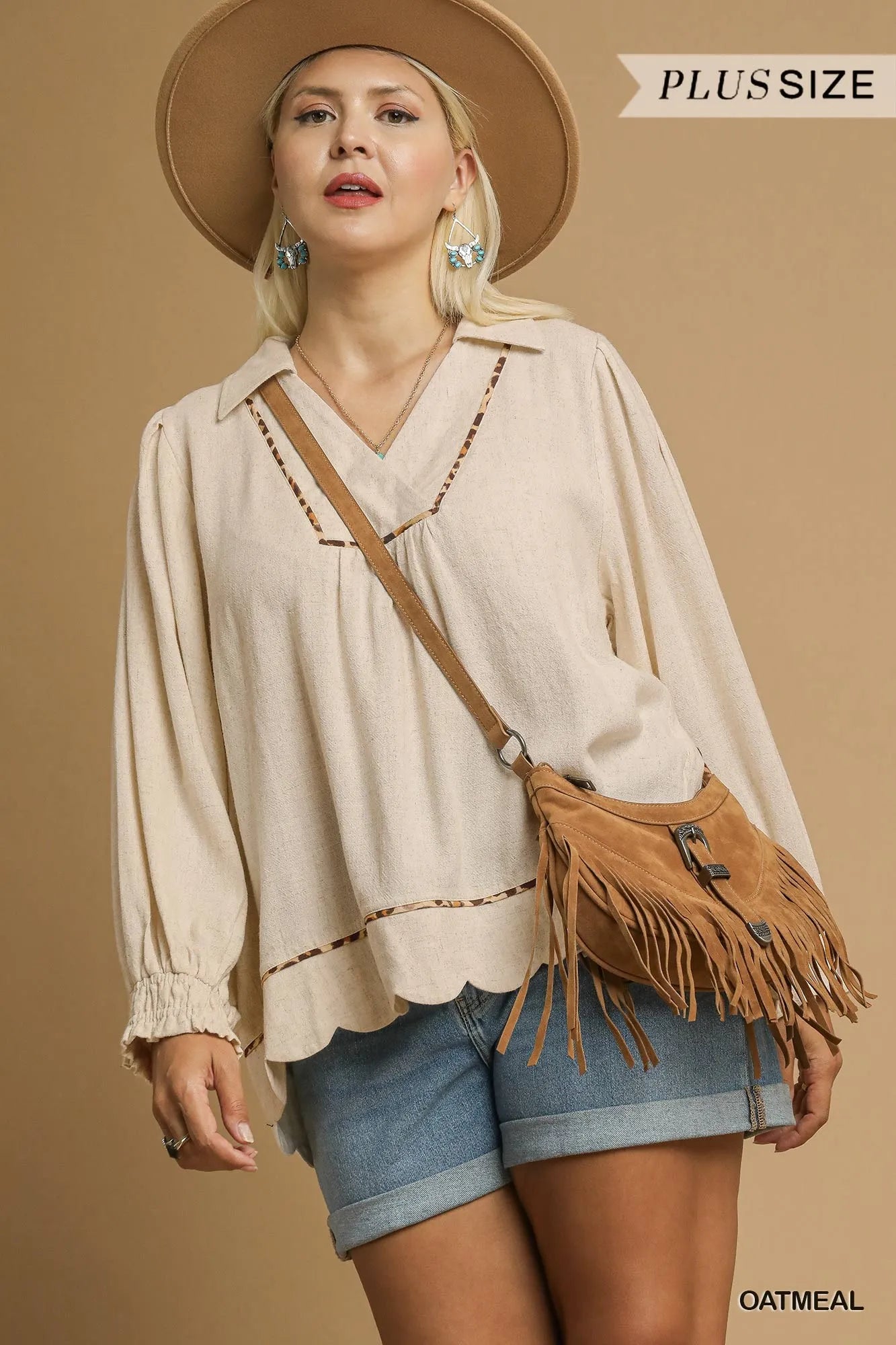 Umgee Full Size Linen Scallop Hem Blouse with Contrast Trim Plus Size Easy Apparels