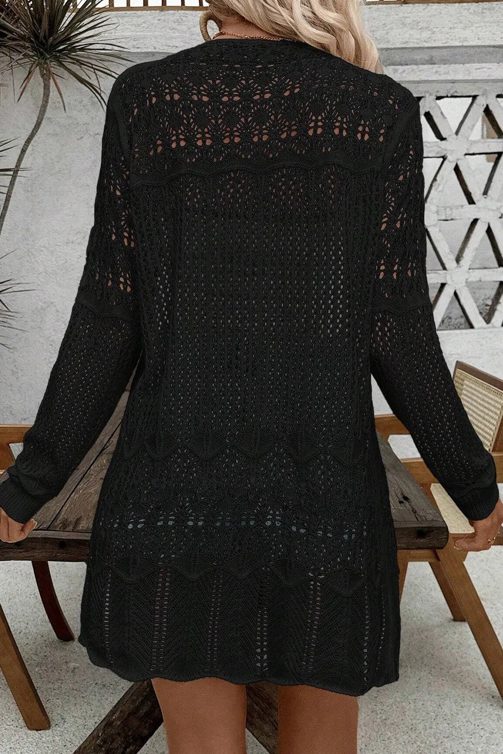 Openwork Open Front Long Sleeve Cardigan Easy Apparels