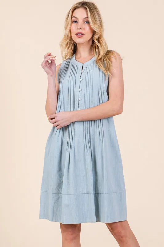 Lime 'N' Chili Denim Pintuck Detail Sleeveless Midi Dress Easy Apparels