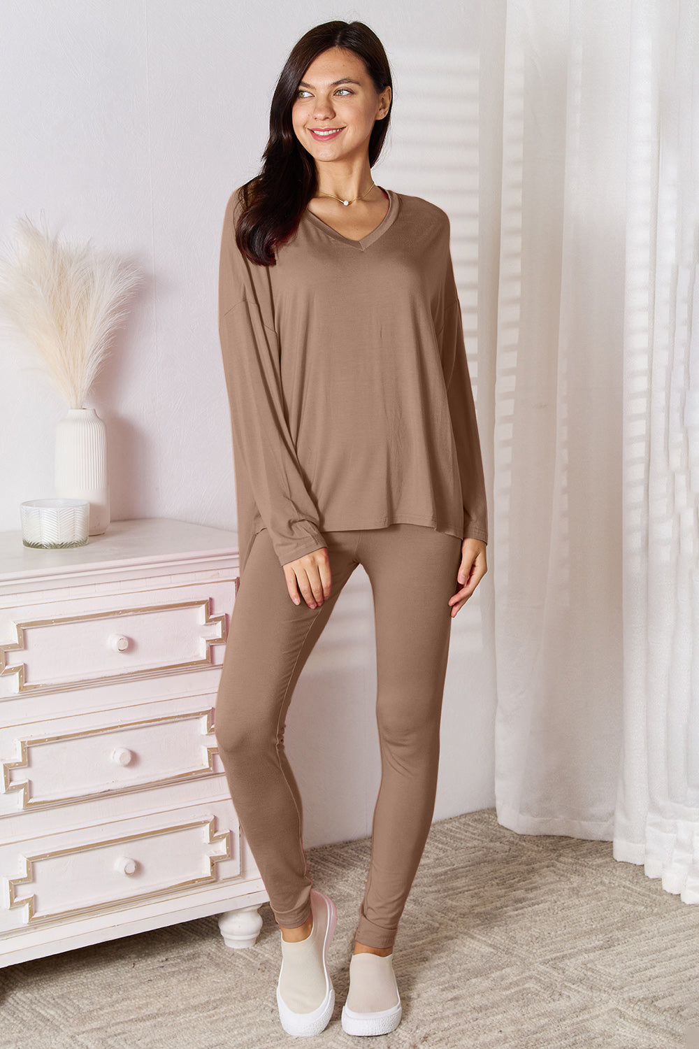 Basic Bae Full Size V-Neck Soft Rayon Long Sleeve Top and Pants Lounge Set Mocha Easy Apparels
