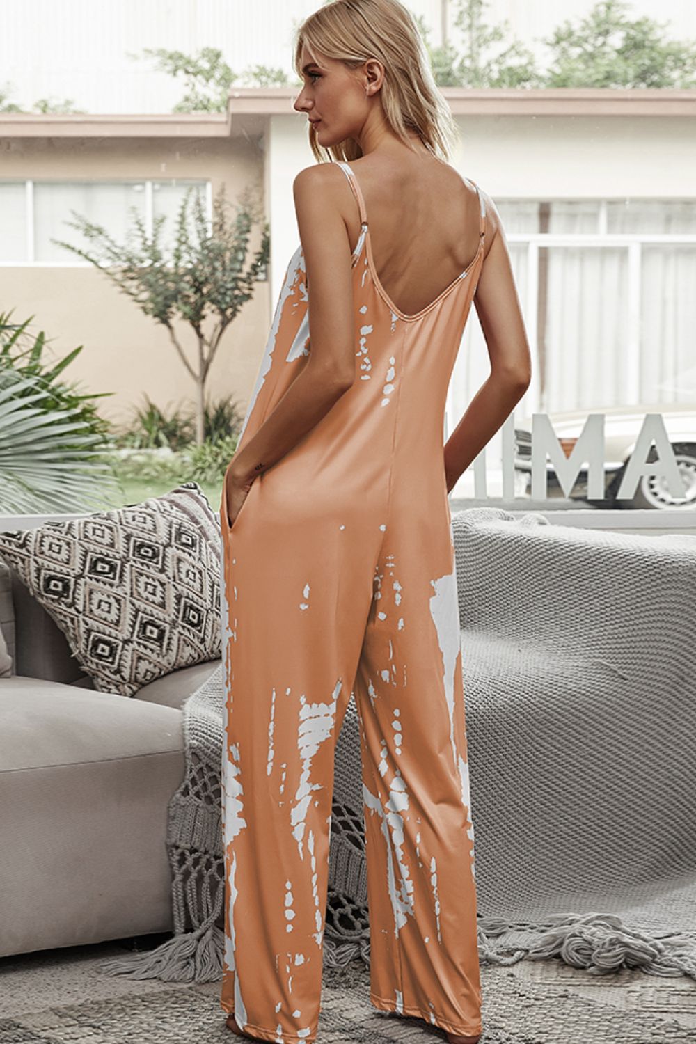 Shiny Tie-Dye Spaghetti Strap Jumpsuit with Pockets Easy Apparels