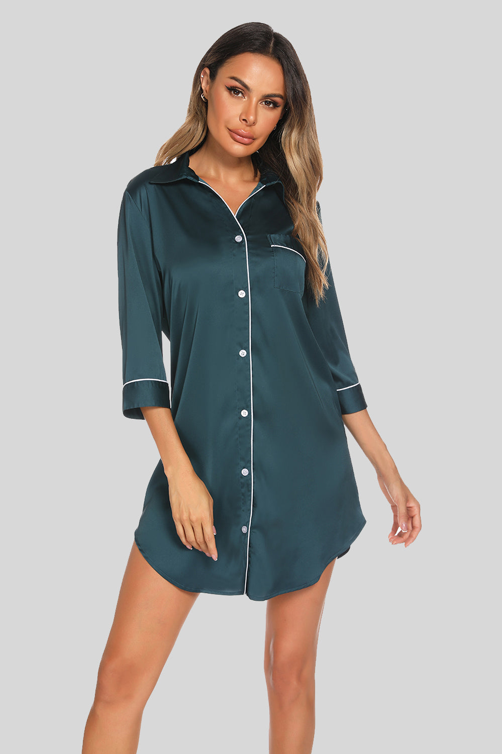 Button Up Collared Neck Night Dress with Pocket Deep Teal Easy Apparels