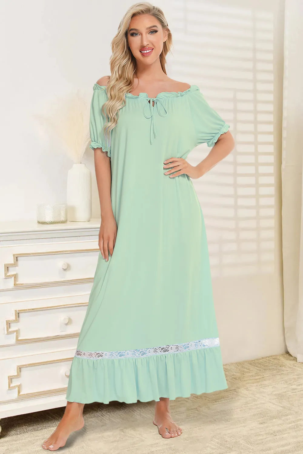 Lace Detail Short Sleeve Lounge Dress Light Green Easy Apparels