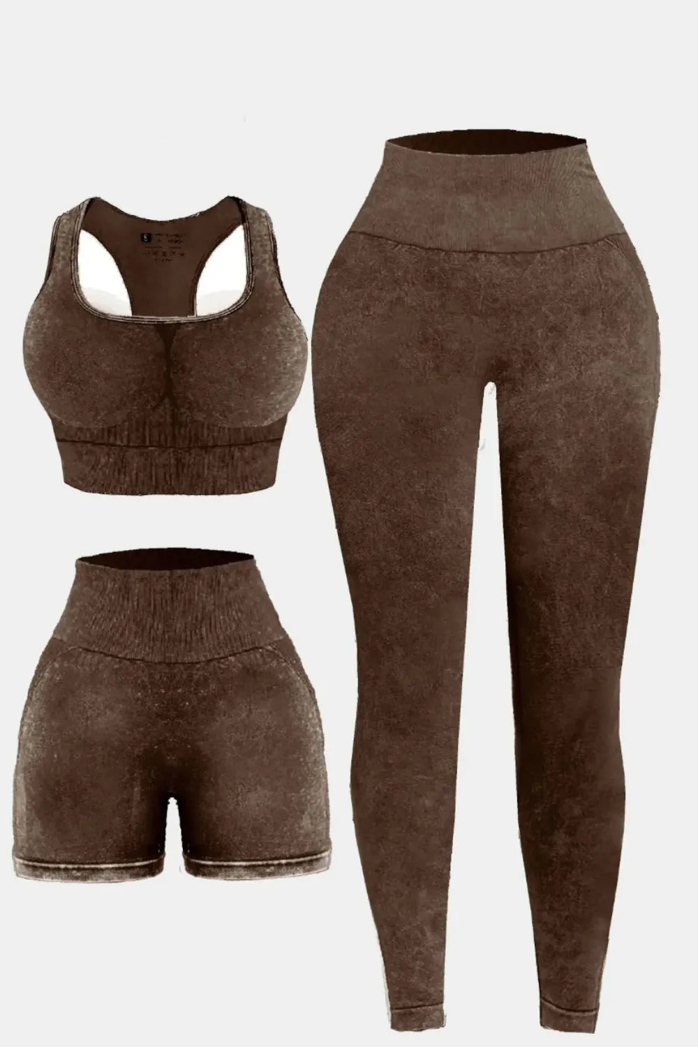 3 Piece Washed Square Neck Wide Strap Active Set Dark Brown Easy Apparels