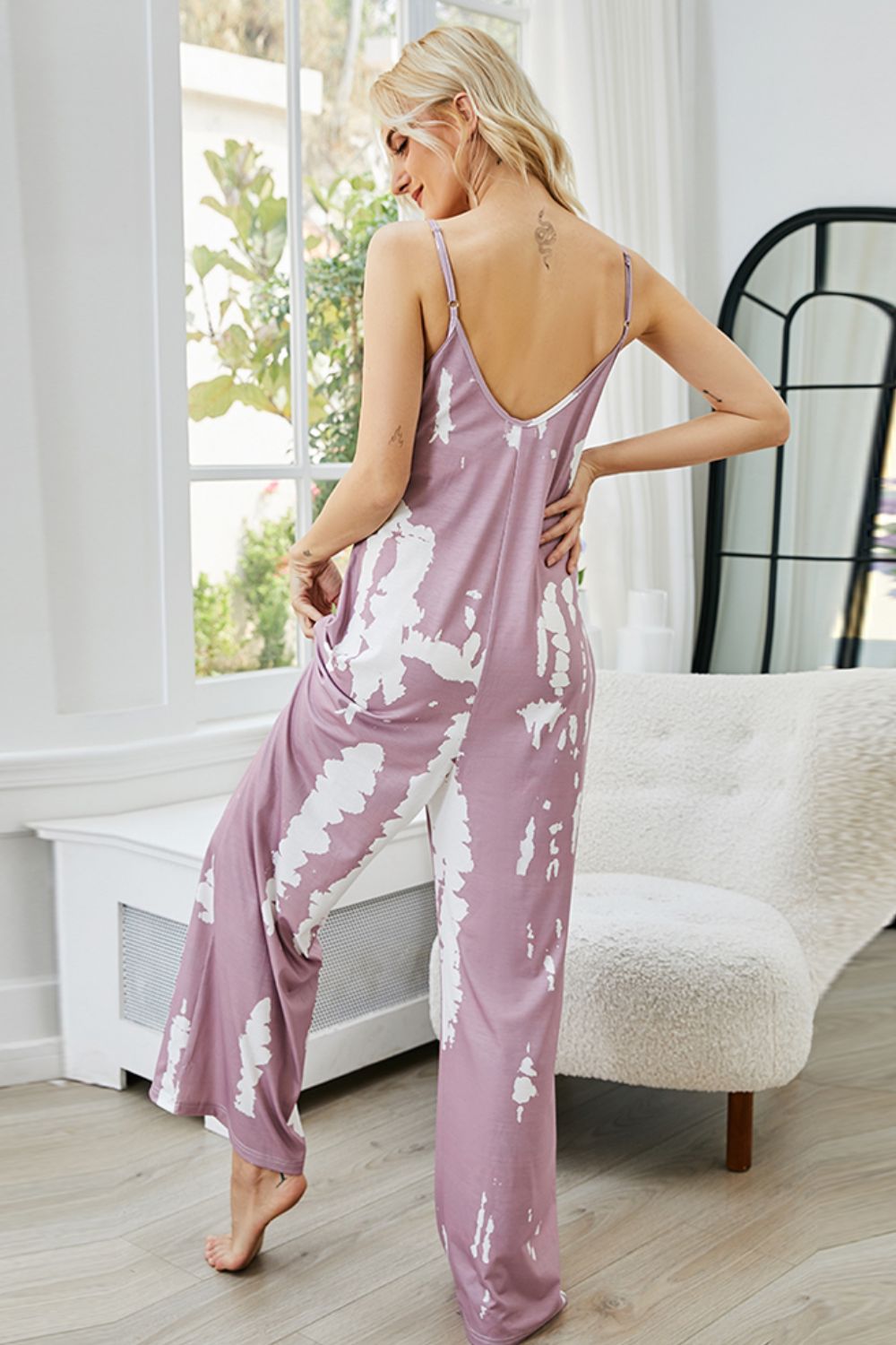 Shiny Tie-Dye Spaghetti Strap Jumpsuit with Pockets Easy Apparels