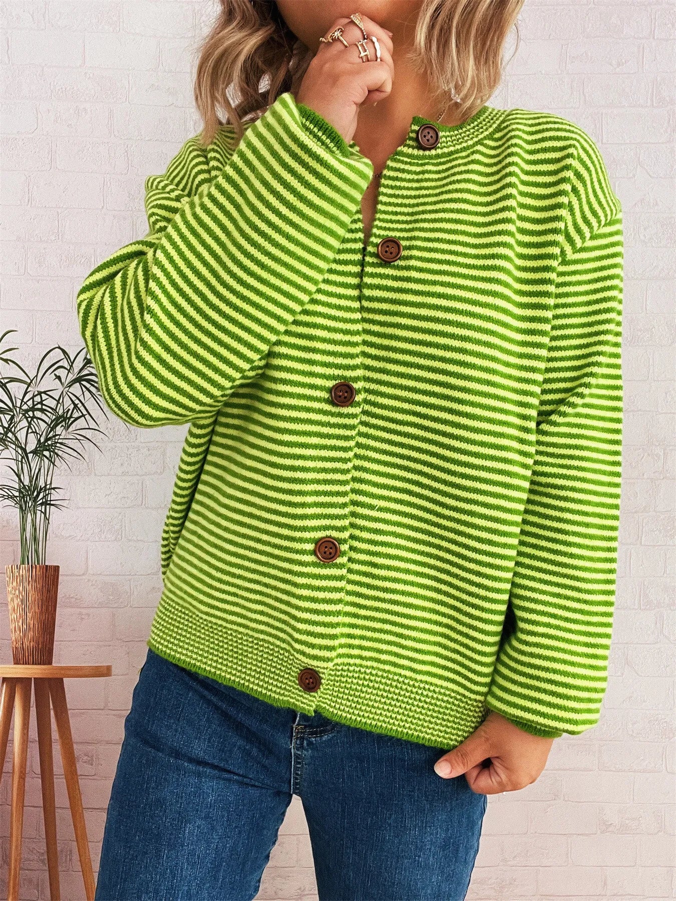 Striped Button Up Long Sleeve Cardigan Easy Apparels