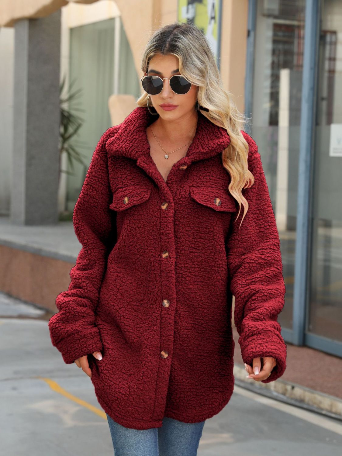 Button Down Collared Coat Wine Easy Apparels