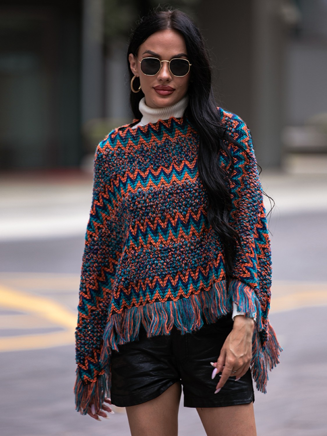 Shiny Fringe Hem Boat Neck Poncho Navy Easy Apparels