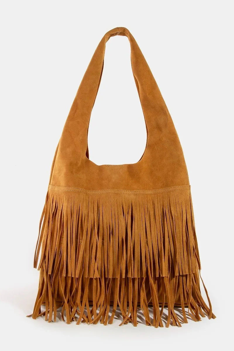Fame Layered Fringe Detail Suede Hobo Bag LBR One Size Easy Apparels