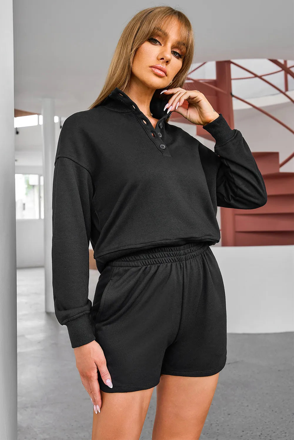 Half Button Sweatshirt and Shorts Active Set Easy Apparels