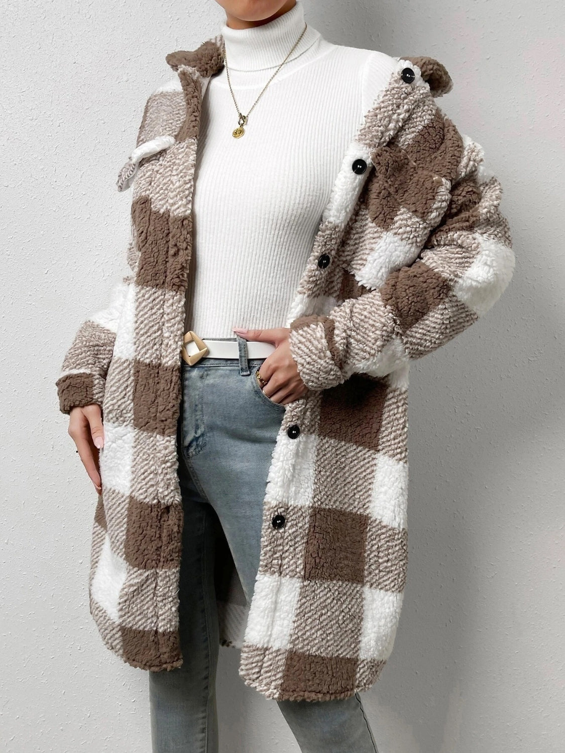Plaid Collared Neck Button Down Coat Easy Apparels