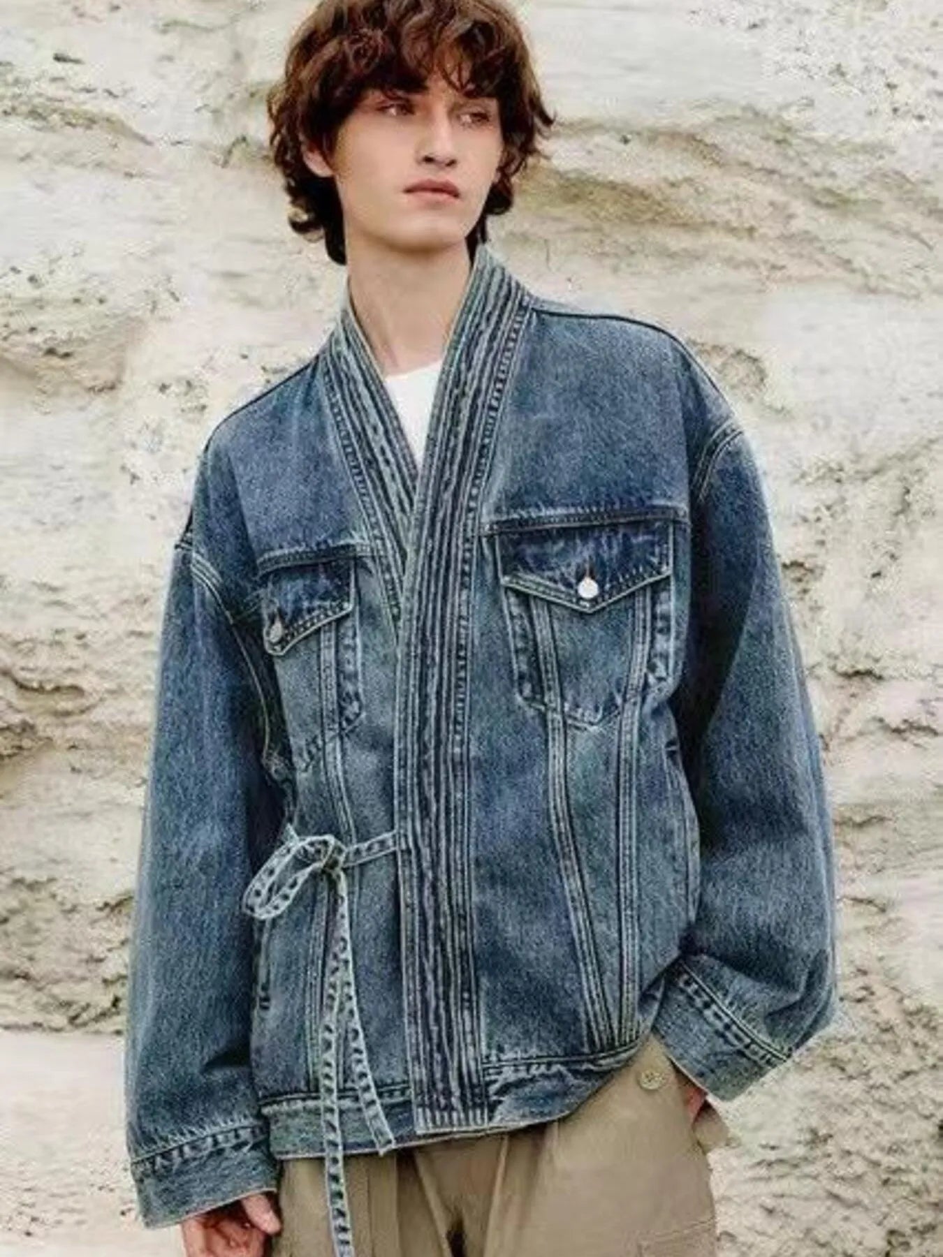 Men's Plus Size Washed Tied Long Sleeve Denim Jacket Light Blue Easy Apparels