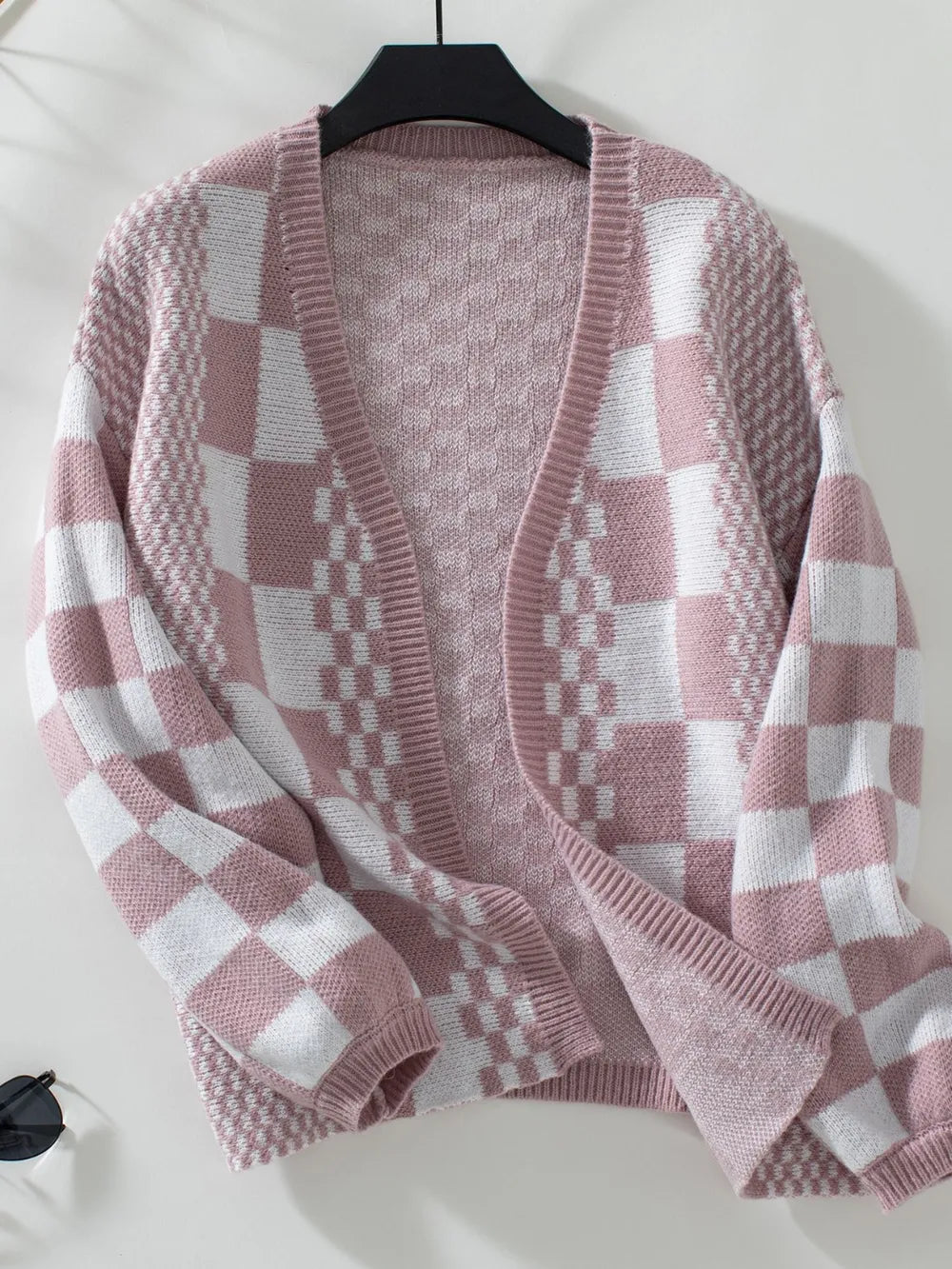 Double Take Checkered Open Front Dropped Shoulder Cardigan Dusty Pink Easy Apparels