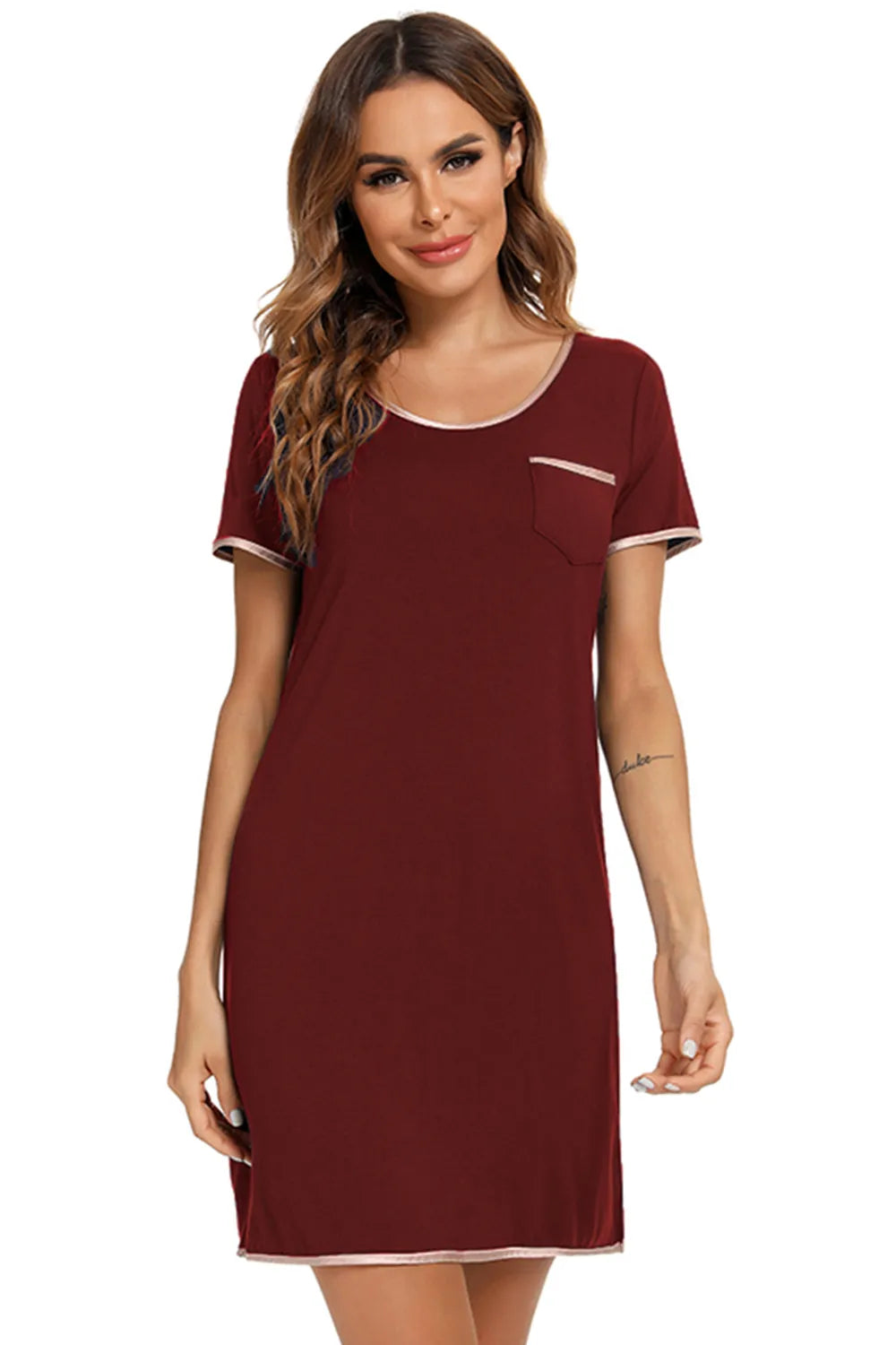 Contrast Trim Pocketed Round Neck Lounge Dress Easy Apparels