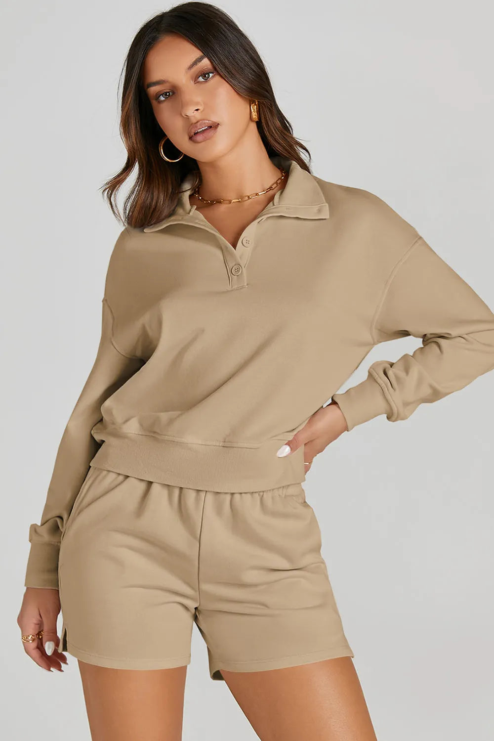 Half Button Sweatshirt and Shorts Active Set Tan Easy Apparels