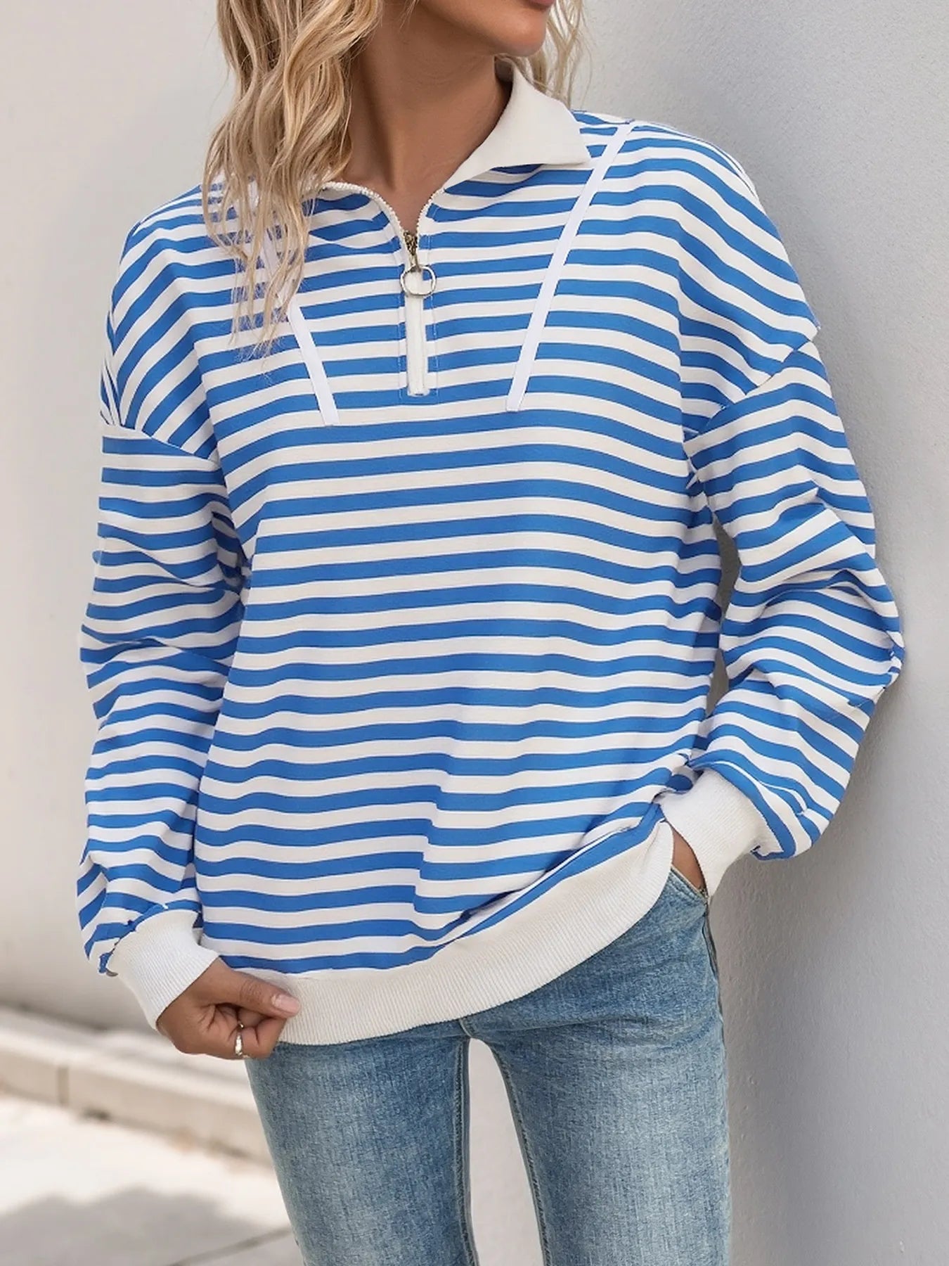 Trendsi Striped Quarter Zip Long Sleeve Hoodie