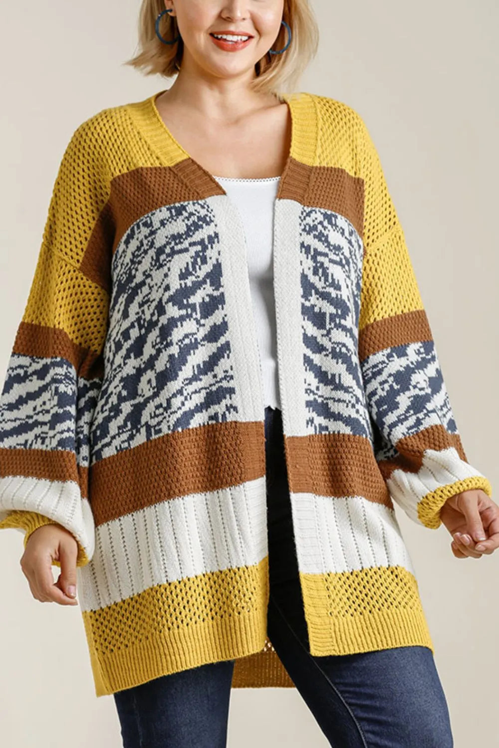 Umgee Full Size Color Block Open Front Longline Cardigan Plus Size Easy Apparels