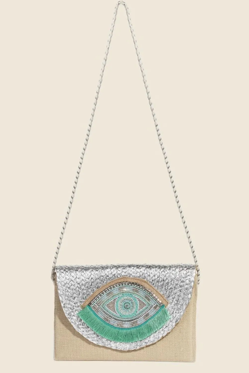 Fame Boho Beaded Eye Pattern Envelope Bag Silver One Size Easy Apparels