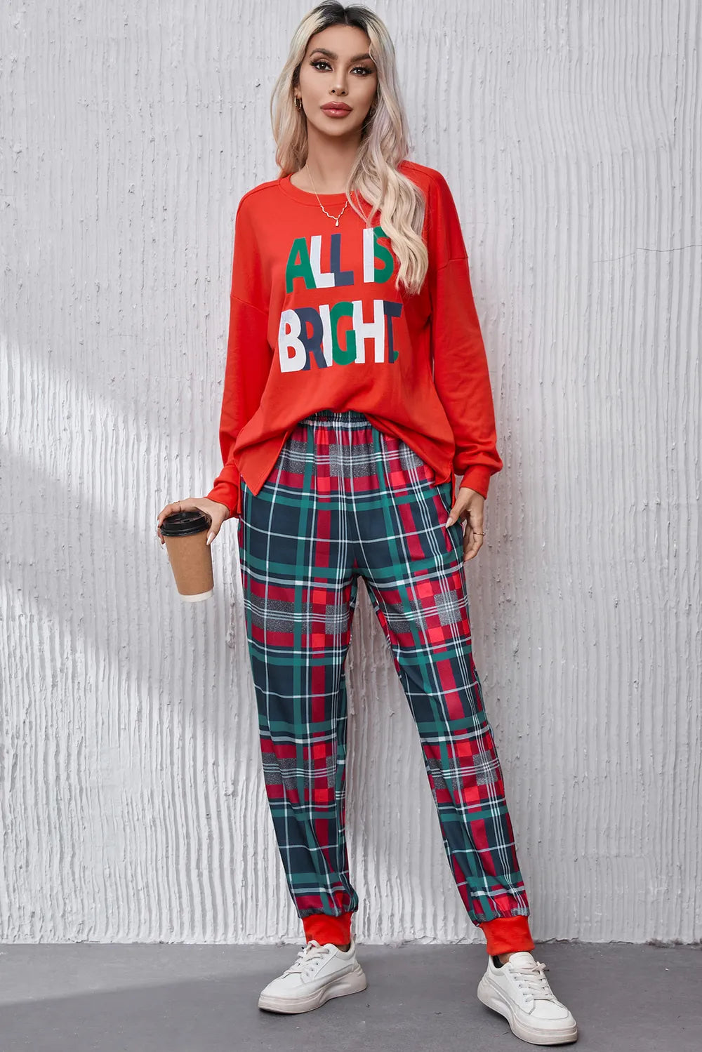 ALL IS BRIGHT Round Neck Top and Plaid Pants Lounge Set Easy Apparels