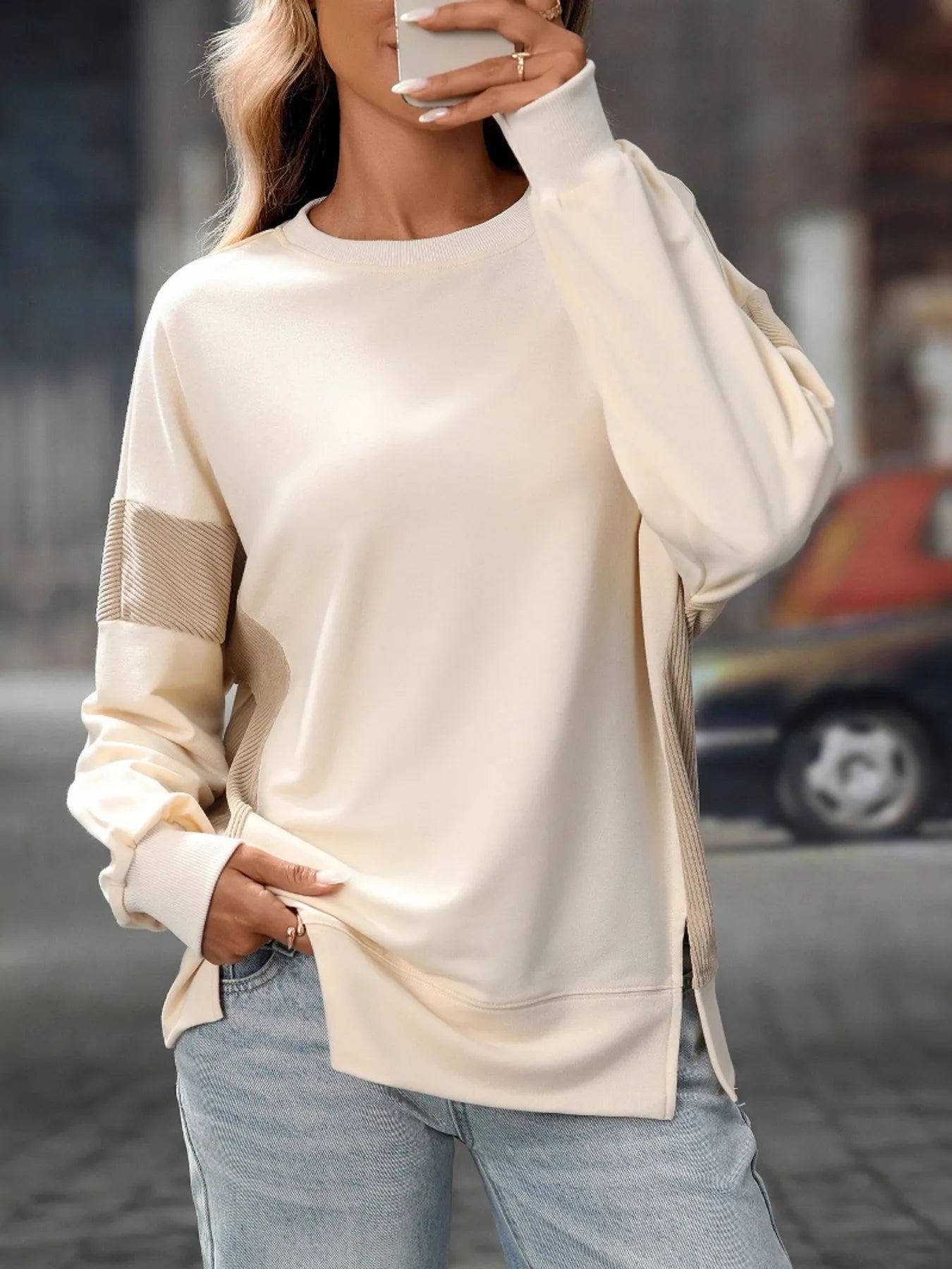 Trendsi Slit Round Neck Long Sleeve Sweatshirt