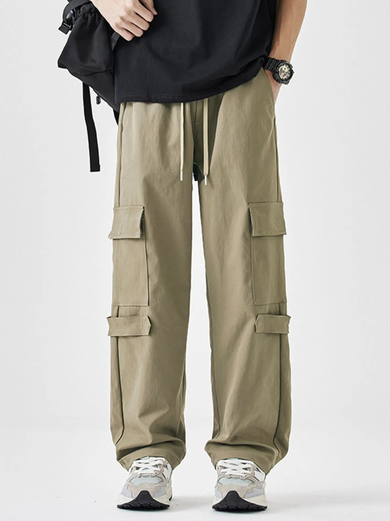 Men's Plus Size Multi-Pocket Cargo Utility Pants with Drawstring Waist Khaki Easy Apparels